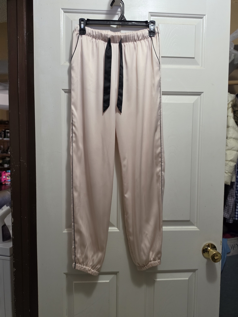 Victoria's Secret Women Pale Pink Satin Joggers with Black Trim